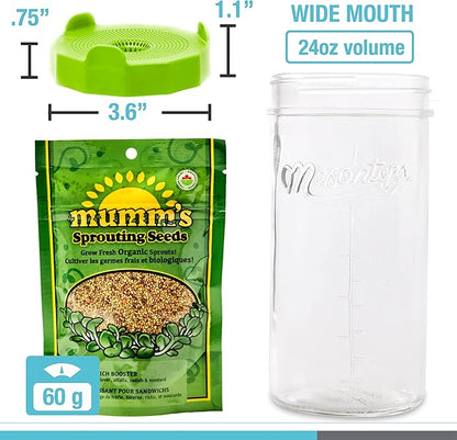 Masontops Mason Jar Bean Sprouting Jar Starter Set - Easy DIY Bean Sprout Kit with Organic Seeds, Sprouting Lids, Complete Bean Sprouts Grow Kit