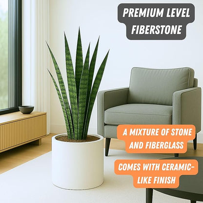 Fox & Fern 14.6 Inch Extra Large Planter — Premium Lightweight Fiberstone Matte White Plant Pot with Drainage Plug - Big Planter for Indoor & Outdoor Use - Weather Resistant & UV Resistant