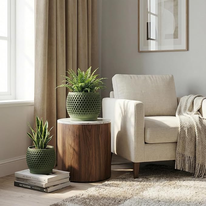 Plant Pots, Modern 3D Printed Honeycomb Planters for Indoor Plants, 4.7/6 Inch Military Green Decorative Flower Pot for Office Desktop, Bookshelf & Home Decor, Lightweight & Durable.