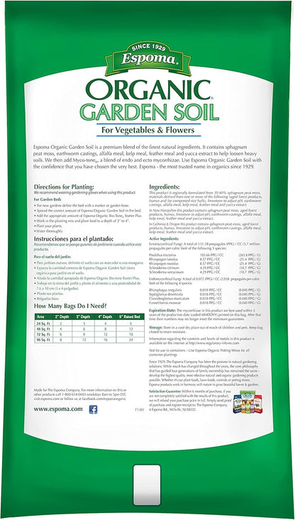 Espoma Organic Vegetable & Flower Garden Soil Natural and Organic in Ground Planting Mix. Use when Planting & Transplanting. For Organic Gardening. 1 Cubic Foot Bag