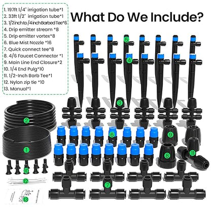 MIXC 230FT Quick-Connect Drip Irrigation System Kit, Automatic Garden Watering System with 1/4" & 1/2" Fast-Lock Tubing - Adjustable Nozzles & Sprinklers for Garden, Greenhouse, Lawn, Potted Plants