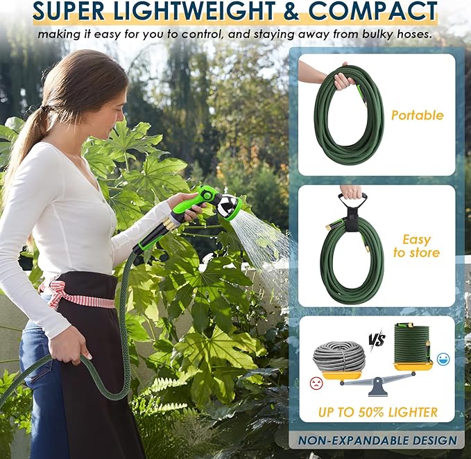 Non-Expandable Garden Hose 25 FT, Lightweight Hose with 10 Function Spray Nozzle, Kink-Free Flexible Water Hose, Durable, Leak-Proof, 360° Swivel Connectors, Portable Storage Strap