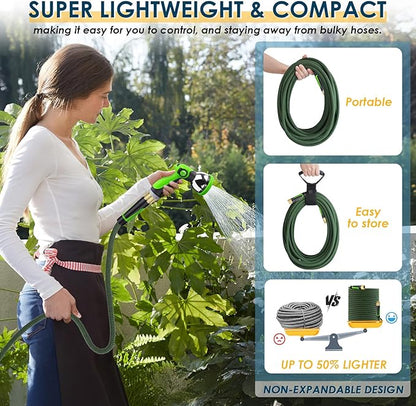 Non-Expandable Garden Hose 25 FT, Lightweight Hose with 10 Function Spray Nozzle, Kink-Free Flexible Water Hose, Durable, Leak-Proof, 360° Swivel Connectors, Portable Storage Strap