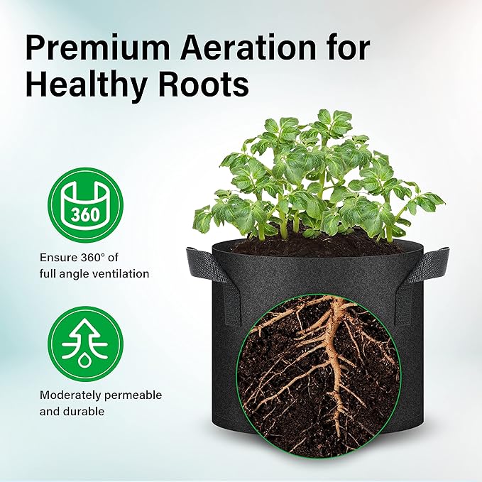 YSSOA 5 Pack 5 Gallon Grow Bags, Aeration Nonwoven Fabric Plant Pots with Handles, Heavy Duty Gardening Planter for Potato, Tomato, Vegetable and Fruits, Black