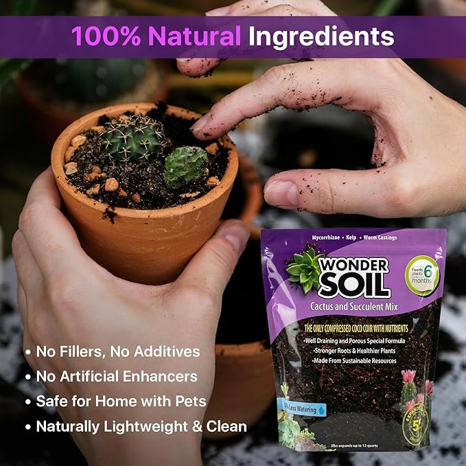 WONDER SOIL | Organic Cactus & Succulent Soil Mix (12 Quarts) | Fast Draining Living Coco Coir Loaded w/Nutrients | Ready to Plant Indoor/Outdoor Peat-Free Potting Soil | 3 LB Expands to 12 Quarts