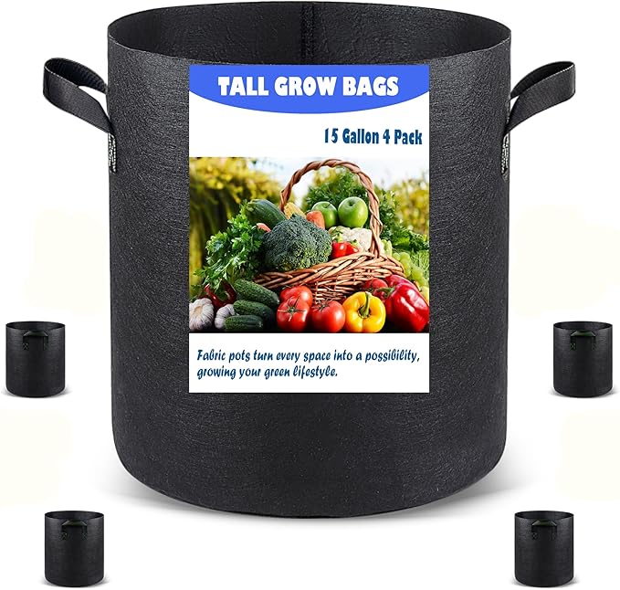 Taller Grow Bags for Deep Root Plants, 15 Gallon 4 Pack Thickened Nonwoven Fabric Pots with Short Handles, Washable Reusable Cloth Plant Bags for Vegetables, Pond Aquatic Plants