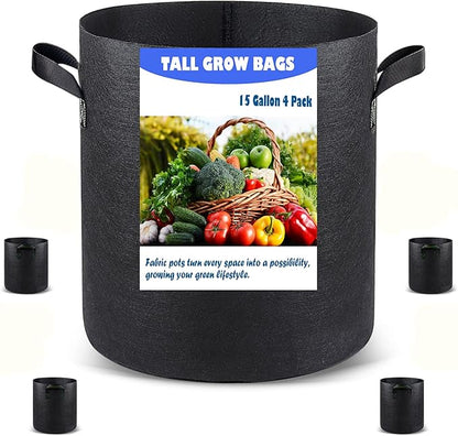 Taller Grow Bags for Deep Root Plants, 15 Gallon 4 Pack Thickened Nonwoven Fabric Pots with Short Handles, Washable Reusable Cloth Plant Bags for Vegetables, Pond Aquatic Plants