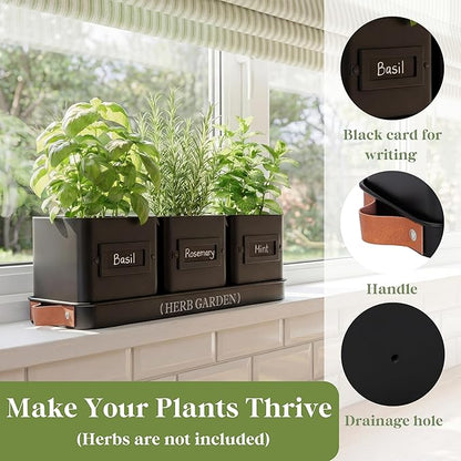 PERFNIQUE Indoor Herb Garden, Herb Planter Set with Tray, Farmhouse Indoor Plant Pots, Windowsill Herb Garden with Drainage(Planter only) for Indoor/Outdoor, Window Pots(Matte Black)