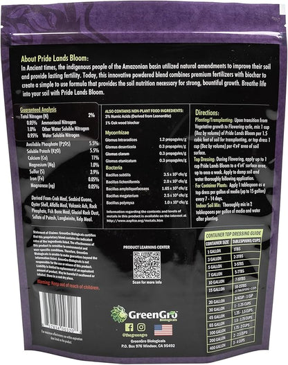 Pride Lands Premium Organic Bloom Fertilizer with NO Fillers, Bigger Buds and Flowers, Brighter Plants with Our Complete Bloom Nutrients, Recharge Soil and Boost Growth with Optimal Blend of NPK, 2 lb
