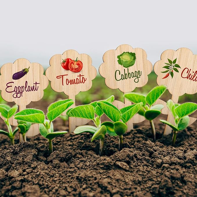 Whaline 60Pcs Flower-Type Bamboo Plant Labels with 1 Marker Pen Eco-Friendly Wooden Plant Sign Tag Wood Garden Marker Decorative Garden Tags for Seed Potted Herbs Flowers Vegetables (5 x 10 Cm)