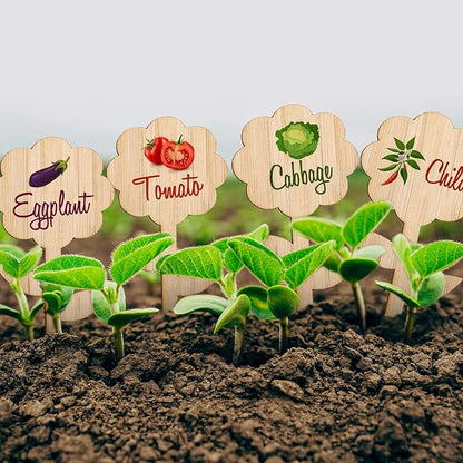 Whaline 60Pcs Flower-Type Bamboo Plant Labels with 1 Marker Pen Eco-Friendly Wooden Plant Sign Tag Wood Garden Marker Decorative Garden Tags for Seed Potted Herbs Flowers Vegetables (5 x 10 Cm)