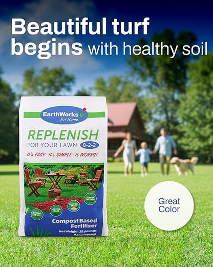 EarthWorks EW4H Replenish Lawn Fertilizer, Organic Compost Grass Food, Deep Root Turf Booster, Year-Round Green, Soil-Building Formula for All Seasons, 25 lbs