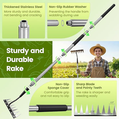 Iron Weeding Rake with Long Handle - Upgraded 8 Teeth Weed Puller Tool, Heavy Duty Manual Weeder Remover Tool for Weeding, Cultivating & Soil Aeration