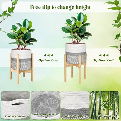 Plant Basket with Stand Indoor Planter Pot Holder Sturdy Jute Rope Modern Woven Basket, Cotton Rope Woven Pot with Bamboo Stand(10 Inch,White and Gray)