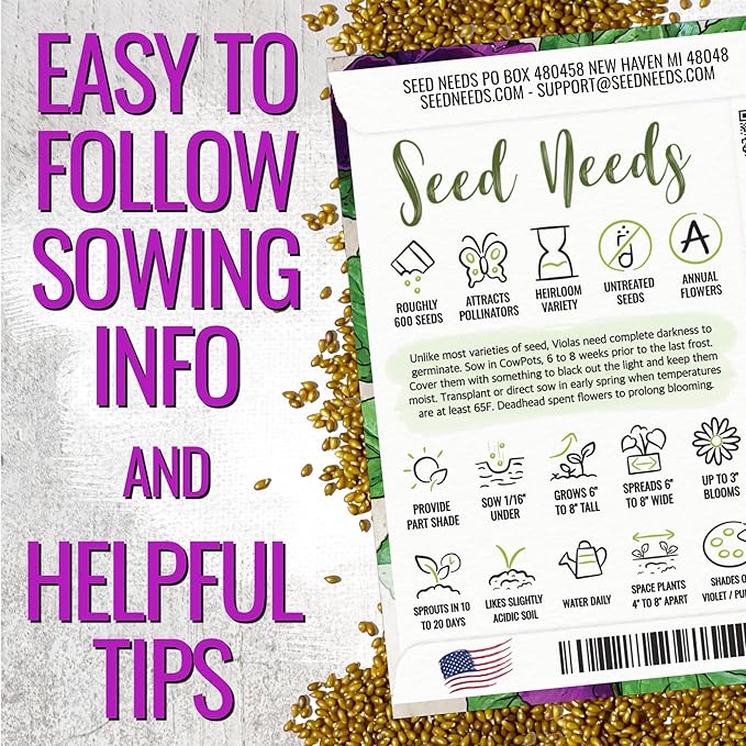 Seed Needs Viola Seeds for Planting King Henry Violas - Heirloom & Open Pollinated Annual Flower Seed to Plant an Outdoor Butterfly Wildflower Garden (2 Packs)