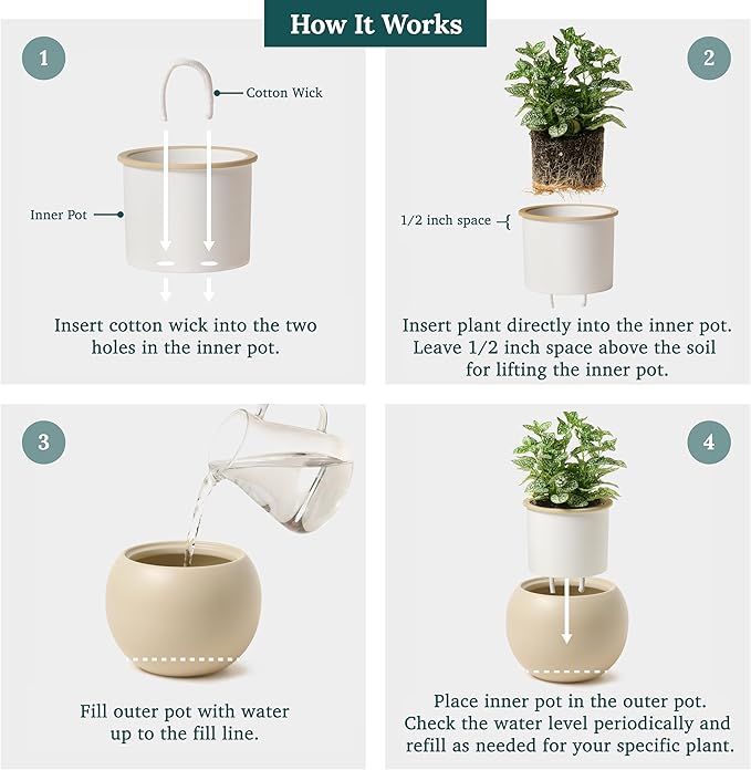 Ceramic Self Watering Plant Pot | 6.8 Inch Pot with 4.5 Inch Opening for Plant | Ivory Pot for Indoor Plants | Round Self Watering Planter | Bottom Watering Pots for Indoor Plants
