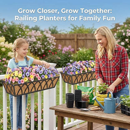 HFHOME 24 inch Window Deck Rail Planter with Coco Liner, 24" Dia Window Box Trough with Coconut Coir Liners, Black Metal Hanging Flower Planter Basket for Indoor Outdoor Lawn - Set of 4