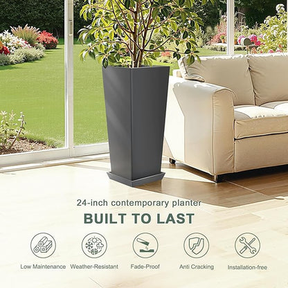 Set of 2 Tall Planters with Drainage Tray, 24 Inch Large Flower Pots for Indoor Outdoor Plants Mordern Planter Weather-Resistant for Patio, Front Door Decor, Garden (Gray)