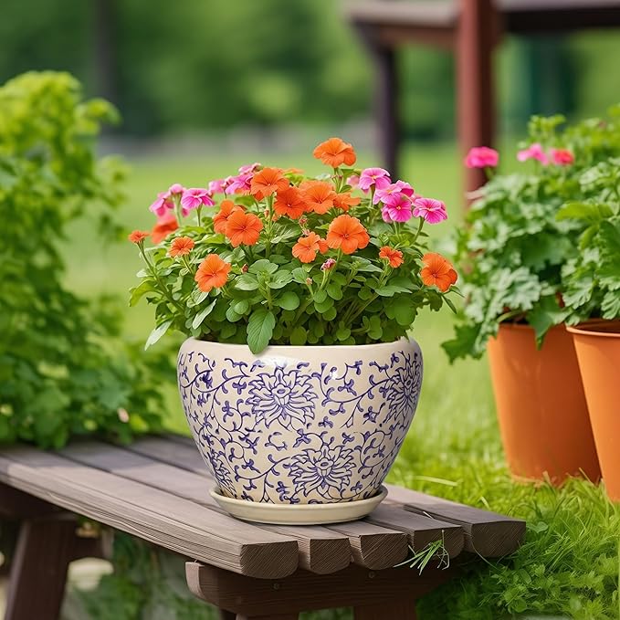 Ceramic Pots for Plants 10 Inch - Indoor Flower Pots with Drainage Hole and Tray, Decorative Pot for Indoor Outdoor Plants, Round Planters, Bathroom Decor, Gifts for Men Women, Retro Blue