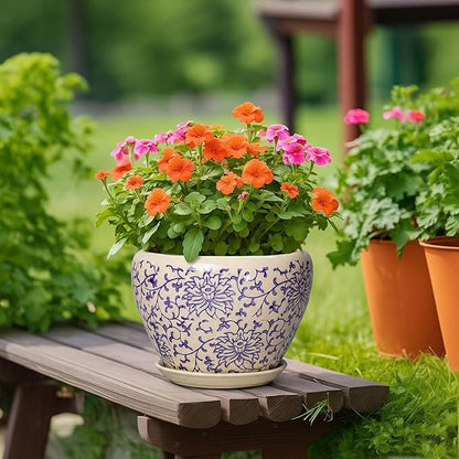 Ceramic Pots for Plants 10 Inch - Indoor Flower Pots with Drainage Hole and Tray, Decorative Pot for Indoor Outdoor Plants, Round Planters, Bathroom Decor, Gifts for Men Women, Retro Blue
