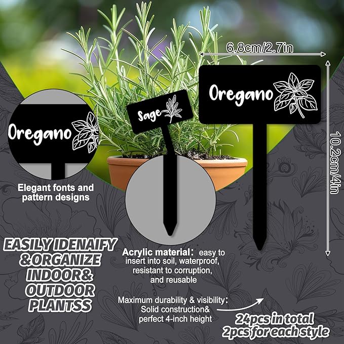 JarThenaAMCS 24Pcs Acrylic Plant Label Signs 12 Styles Garden Herb Markers Black Waterproof Reusable T-Type Tags Plant Stake Tags with Names for Nursery Indoor Outdoor Garden Decor