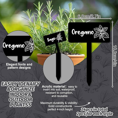 JarThenaAMCS 24Pcs Acrylic Plant Label Signs 12 Styles Garden Herb Markers Black Waterproof Reusable T-Type Tags Plant Stake Tags with Names for Nursery Indoor Outdoor Garden Decor