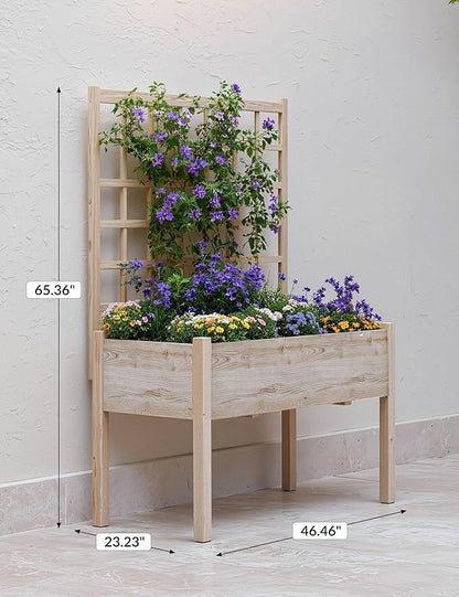 GarveeLife Raised Garden Bed with Trellis, Wood Elevated Planter Box Stand with Leg and Black Planter Liner, Standing Raised Planter Box for Climbing Flower Vegetable Herb