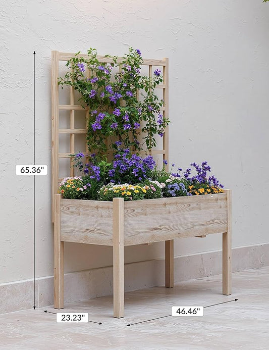 GarveeLife Raised Garden Bed with Trellis, Wood Elevated Planter Box Stand with Leg and Black Planter Liner, Standing Raised Planter Box for Climbing Flower Vegetable Herb