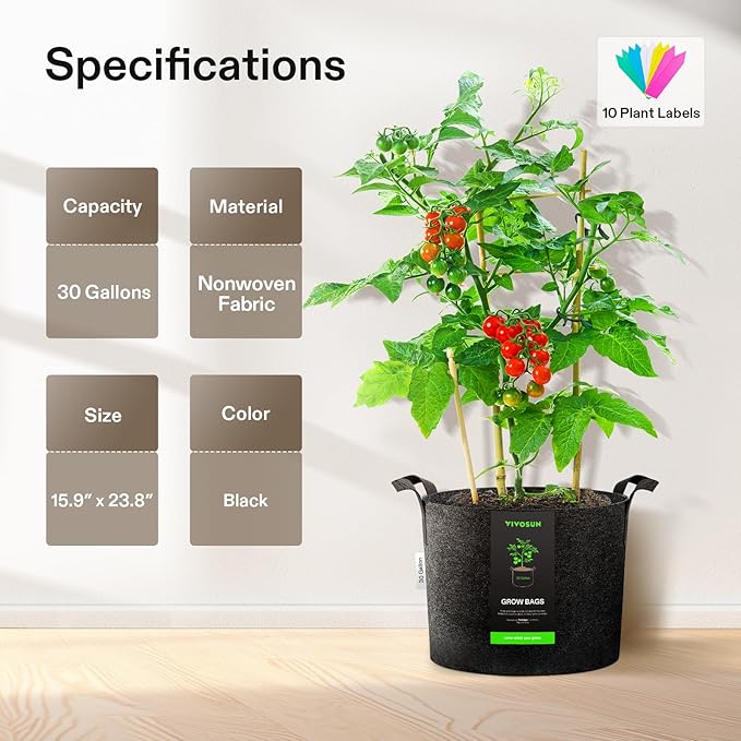 VIVOSUN 10-Pack 30 Gallon Grow Bags, Reinforced Planter Fabric Pots for Gardening Black