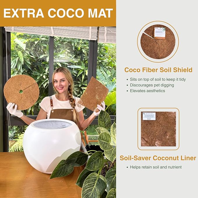 9.7" H x 12" D Globo Fiberstone Round Planter with Drainage Hole, Smooth Finishes, Weather Resistant for Indoor and Outdoor Use, Included 2 Extra Coco Mats (Kilim Beige, 7.8" Pot Opening)