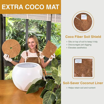 9.7" H x 12" D Globo Fiberstone Round Planter with Drainage Hole, Smooth Finishes, Weather Resistant for Indoor and Outdoor Use, Included 2 Extra Coco Mats (Kilim Beige, 7.8" Pot Opening)
