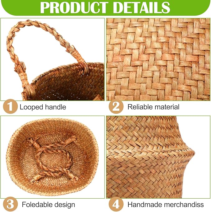 Qunclay 8 Pcs Woven Seagrass Baskets Belly Basket Folding Boho Natural Plant Pot with Handles Round Decorative Wicker Large Indoor Planter for Home Outdoor Tree Planters Decor (S,8.7''dx7.9''h)