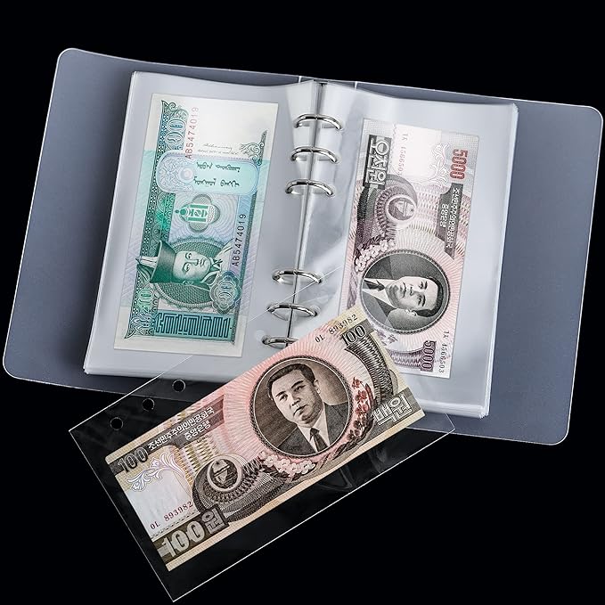 100 Pocket Currency Album - 7 × 4 inch Portable Banknotes Holder Dollar Paper Money Sleeves Storage Book for Bills Documents Tickets Trading Cards Stamps Collection Supplies AN0501BK