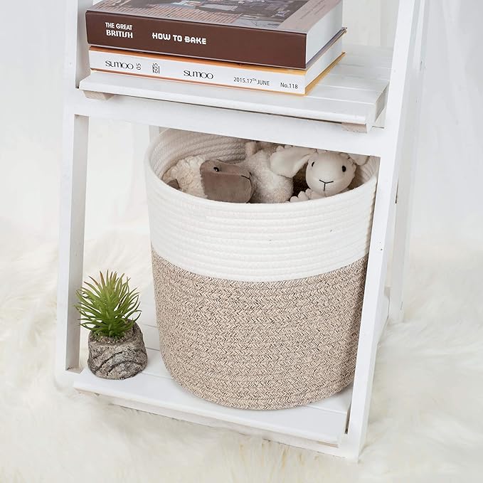 MINTWOOD Design 11 x 11 Inches Cotton Rope Basket for Flower Pot and Indoor Floor Planters, Decorative Round Woven Plant Pot Basket, Planter Covers, Small Dog Toy Storage Baskets, Light Brown