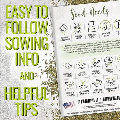 Seed Needs Dandelion Seeds for Planting Fresh Herbs | 10,000+ Untreated Seeds Non GMO Heirloom | Bulk Dandelion Seed | Herb Garden Variety Produces Edible Plants