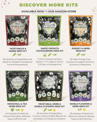 Tactiko Survival 15 Vegetable Seed Kit Varieties for Small Urban Garden, Balconies & Patios - Non-GMO, Heirloom - Popular USA-Grown Dwarf Seeds for Planting Vegetables - Indoor, Outdoor