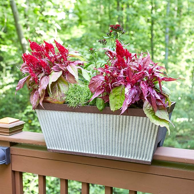 Southern Patio 24 Inch Westlake Outdoor Deck Rail Textured Resin Garden Flower Herb Planter w/UV Protectors, Rustic Galvanized (2 Pack)
