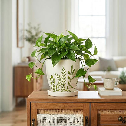6 Inch Plant Pot - Ceramic Pots for Plants with Drainage Hole and Saucer, Ceramic Succulent Pots for Indoor Outdoor, Decorative Boho Planter, Housewarming Gifts, Garden Room Home Decor, White