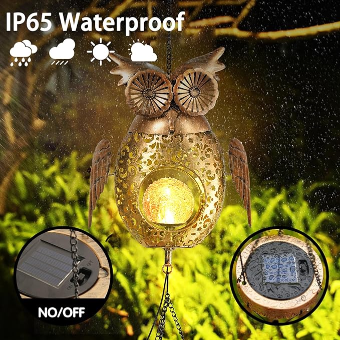 Solar Owl Wind Chimes Outdoor, Waterproof Sun Wind Bells Light with Crackle Glass Ball for Outside, Clearance Unique Gifts for Mother's Day, Birthday, Women, Girls, Garden Decor