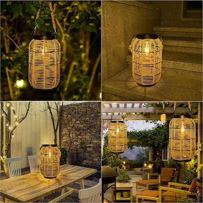 Livinlarge Solar Lantern Outdoor Hanging Lights, Large Solar Rattan Lantern Outdoor Waterproof with Twine Handle, Bright Outdoor Lanterns with Edison Bulb for Garden Patio Yard Tabletop Decoration