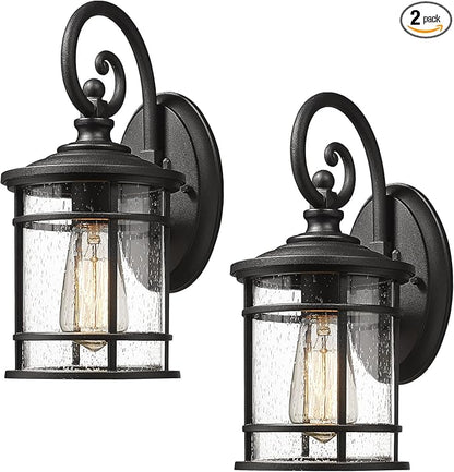 Emliviar Modern Porch Lights 2 Pack - Outdoor Wall Light Fixtures Wall Mount for Garage, Black Finish with Seeded Glass Shade, XE229B-S-2PK BK