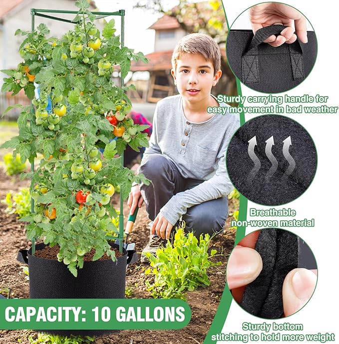 ANPHSIN 3 Sets Tomato Cages with 10 Gallon Grow Bags - 48" Stable Plant Garden Planter, Flowers Vegetable Trellis Pots for Tomato Vertical Climbing Plants Vines