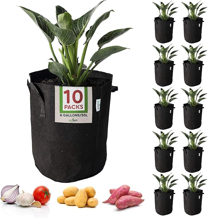 Plant Grower Bags - Maximize Your Garden's Growth Potential with 10-Pack 8-Gallon Bags Nonwoven Aeration, Sturdy Reinforced Handles, and Durability for Healthy Plants!-Black
