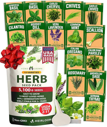 HOME GROWN Herb Seeds for Planting 15-Pack Massive Seed Count 5,100+ Seeds Non-GMO Heirloom | Extra Large | Culinary Herb Kit, Indoor Outdoor & Hydroponic | Grow Your Own Herbs | Gardening Gift