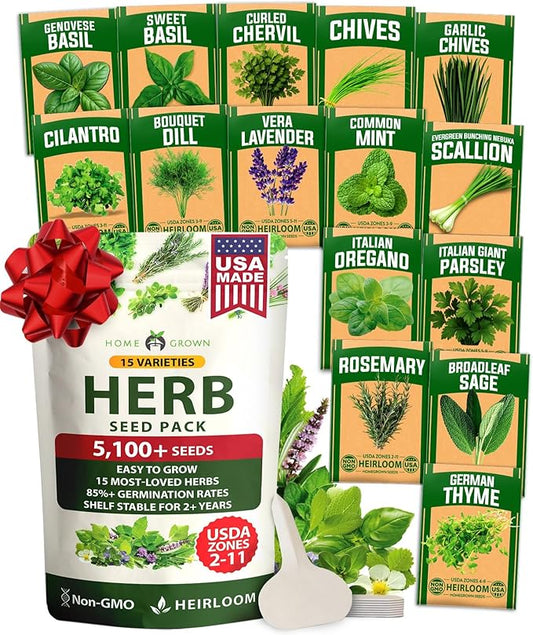 HOME GROWN Herb Seeds for Planting 15-Pack Massive Seed Count 5,100+ Seeds Non-GMO Heirloom | Extra Large | Culinary Herb Kit, Indoor Outdoor & Hydroponic | Grow Your Own Herbs | Gardening Gift