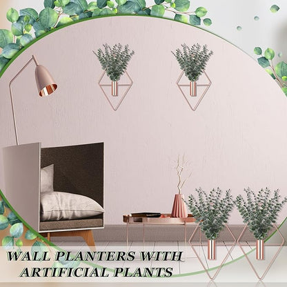 Jexine 8 Pcs Hanging Planters with Artificial Eucalyptus Metal Hanging Vase Indoor Plants Holder Modern Geometric Boho Bathroom Wall Decor for Living Room Home Office (Eucalyptus,Rose Gold)
