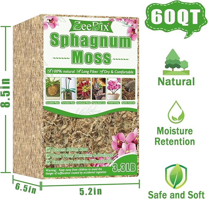 ZeeDix 3.3 lb Premium Sphagnum Moss Bulk, Dried Long Fiber Orchid Sphagnum Peat Moss for Indoor Outdoor Plants, Carnivorous Plants, Succulent, Monstera & Reptiles Habitats (Expands to 60 qt)