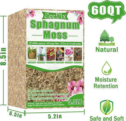 ZeeDix 3.3 lb Premium Sphagnum Moss Bulk, Dried Long Fiber Orchid Sphagnum Peat Moss for Indoor Outdoor Plants, Carnivorous Plants, Succulent, Monstera & Reptiles Habitats (Expands to 60 qt)