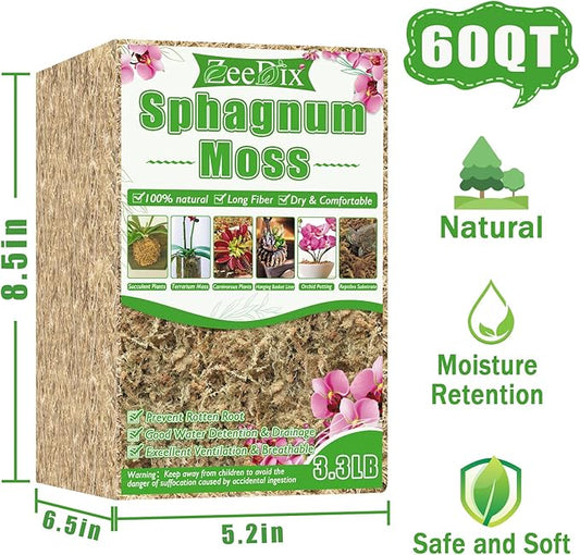 ZeeDix 3.3 lb Premium Sphagnum Moss Bulk, Dried Long Fiber Orchid Sphagnum Peat Moss for Indoor Outdoor Plants, Carnivorous Plants, Succulent, Monstera & Reptiles Habitats (Expands to 60 qt)