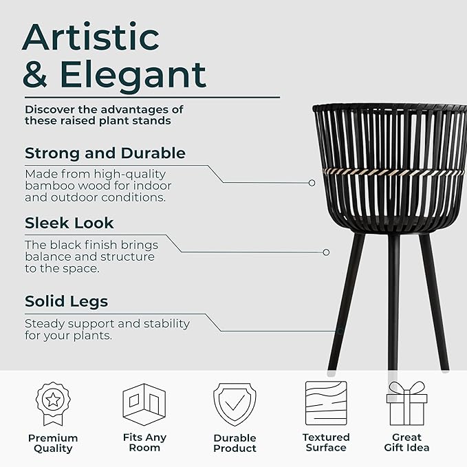 Decorative Bamboo Footed Planters for Home Decor - Garden Plant Pots for Indoor Living Room Decor or Outdoor Patio Areas - Flower Pots for Entryway and Backyard - Set of 3, 27", 23", 19", Black